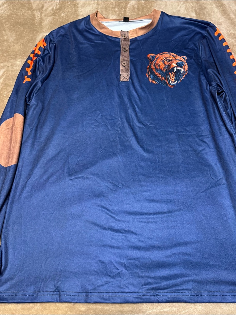 New***Navy Long Sleeve Henley with Bear Patch and Tan Accents